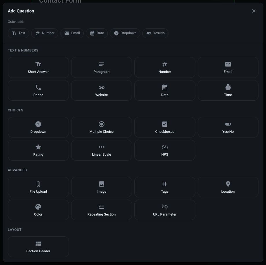 Field Palette with categories